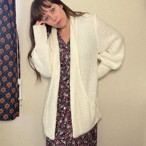 Vintage 80s White Chunky Knit Cardigan Slouchy Open Front Sweater | Size M-XL - Picture 13 of 13
